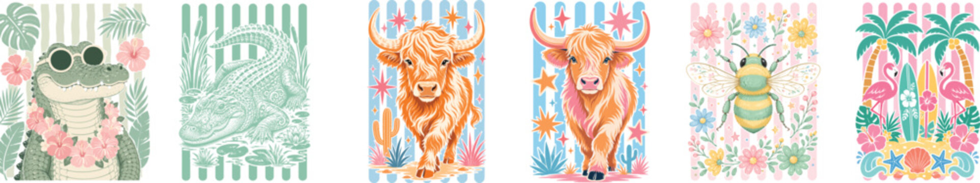 Summer beach vibe collection alligator highland cow bee flamingo tropical illustrations for coastal decor