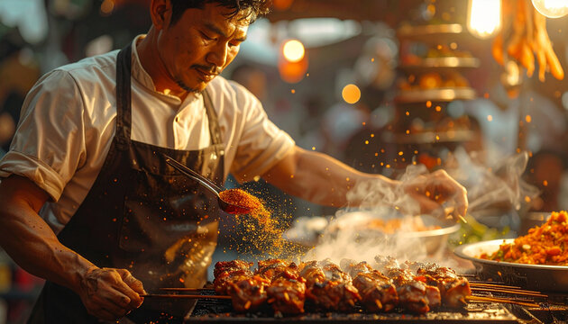 Street Food Chef Grilling Meat Skewers with Spices at Night Market