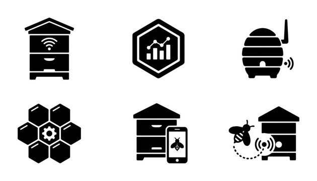 Smart Beehive Icons, Apiary Technology Set, Honeycomb Data Analytics, Wireless Insect Monitoring Vector Graphics