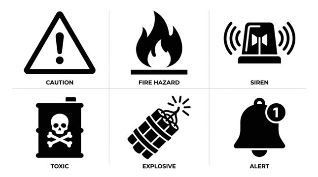 Set of six warning and alert icons including caution fire toxic explosive and siren.
