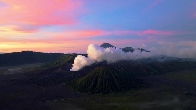 Aerial Drone View of Sunrise Over Mount Bromo &ndash; Java Island Indonesia Volcanic Landscape