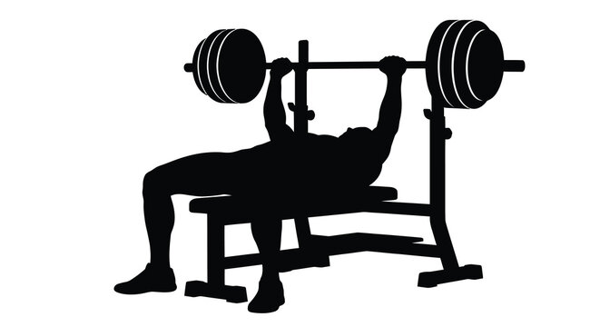 Weightlifter performing bench press exercise in black silhouette athlete fitness gym strength training weightlifting benchpress barbell weights monochrome