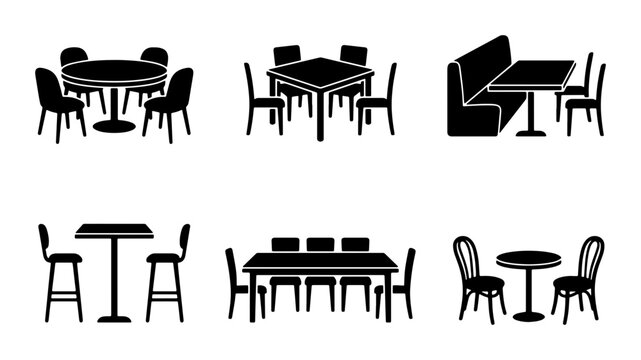 Restaurant Furniture Icons: Dining Tables, Chairs, Booths, Bar Stools, Vector Set for Cafe and Bistro Design