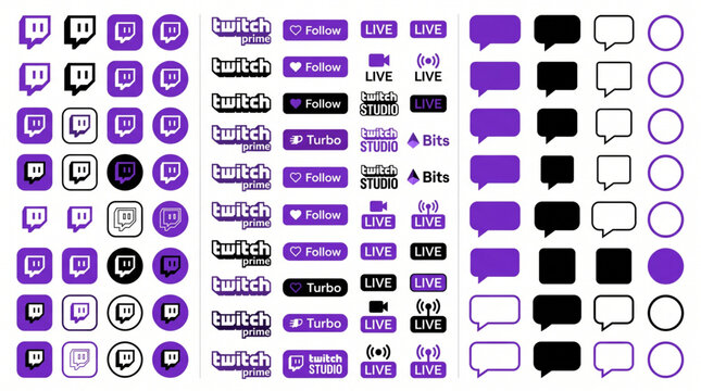 Twitch Social Media UI Kit and Branding Icon Set. Twitch Prime, Turbo, Studio, and Live status buttons mockup. Purple Glitch logo, follow button, speech bubble, and bits icons vector UI asset pack.