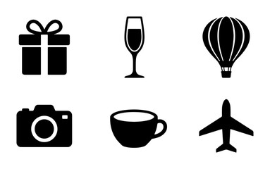Collection of six black vector icons: gift, champagne glass, hot air balloon, camera, coffee cup, airplane, for celebration and travel themes © Farzana
