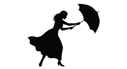 Woman with umbrella in windy conditions a black silhouette female lady figure person parasol rain weather wind breeze © Sumon
