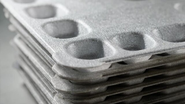 Closeup medium shot of multicavity thermoformed foam food trays showing uniform molded compartments ready for packaging fresh produce or deli items.