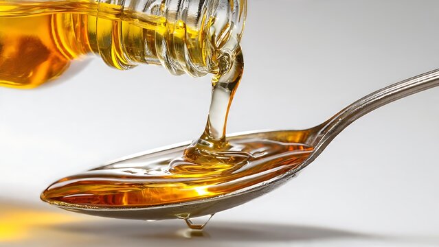 Golden spoon with honey dripping from it on white background.