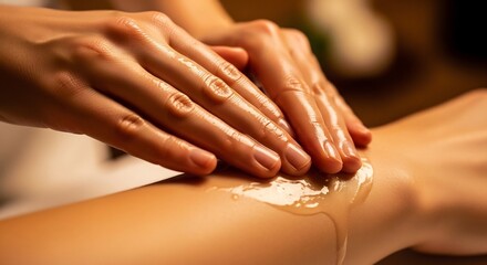 Naklejka premium Hands applying creamy substance on skin in soft lighting setting