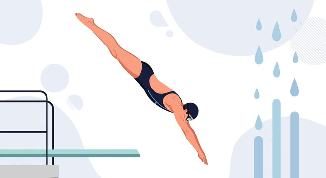 Woman Diver Plunging into Water from Diving Board, Abstract Background with Raindrops and Bubbles