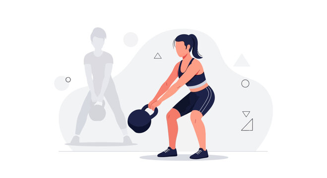 Woman Performing Kettlebell Swing Exercise with Ghosted Figure Demonstrating Technique, Vector Illustration