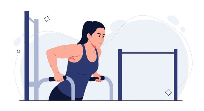 Woman doing dip exercises on parallel bars for chest and triceps workout in a modern flat illustration style