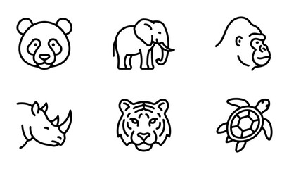 Minimalist Animal Icons Set: Panda, Elephant, Gorilla, Rhino, Tiger, Turtle Vector Graphics for Wildlife and Nature Themes © Ehsan