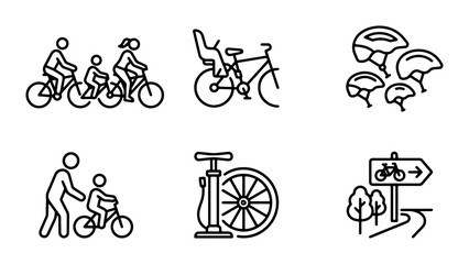 Family Cycling Icons, Bicycle Safety Gear, Learning to Ride, Bike Pump, Road Sign Vector Set © Ehsan