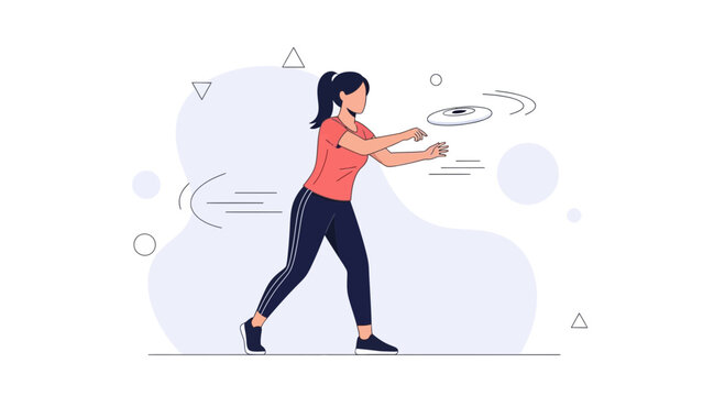 Woman playing frisbee in a park, dynamic motion, vector illustration