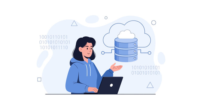 Woman Programmer Working on Laptop with Cloud Database and Binary Code - Flat Design Illustration