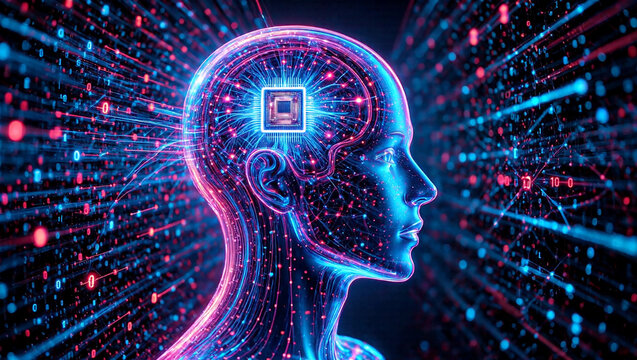  a digital human head with a glowing microchip brain and streaming binary data.