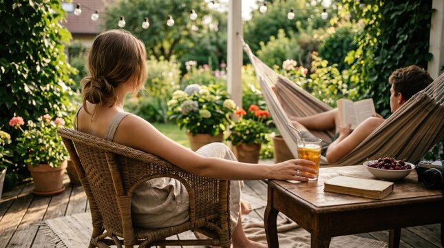 Couple relaxing in garden terrace, woman sitting in wicker chair drinking iced tea, man reading book in hammock, peaceful summer afternoon, leisure time at home