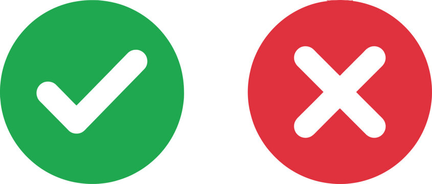 Green check mark and red cross mark symbols for approve and reject or true and false choice