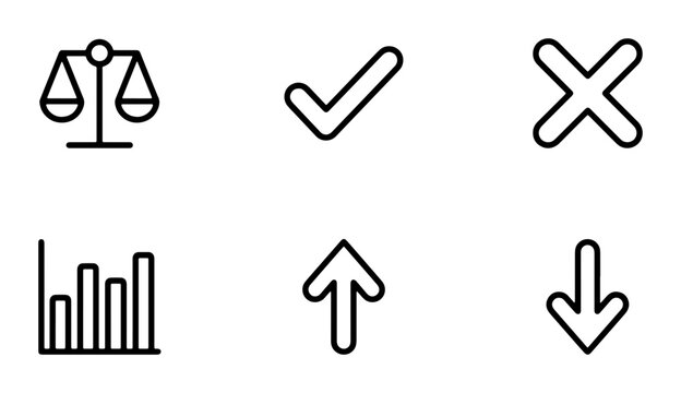 Simple Line Icons: Scales of Justice, Checkmark, Cross, Bar Chart, Up Arrow, Down Arrow. Clean Vector Symbols for Decisions, Approval, Rejection, Data Analysis, and Direction.