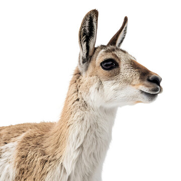 Profile portrait of a young guanaco isolated on white background