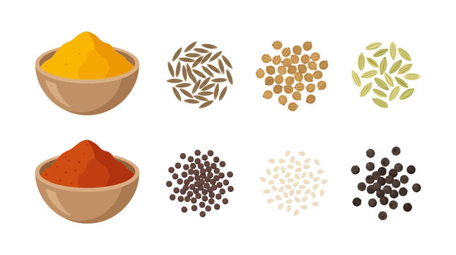 Set of various aromatic spices and herbs in bowls and piles isolated on white background.