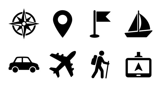 Travel Icons Set: Compass, Map Pin, Flag, Sailboat, Car, Airplane, Hiker, GPS Navigation