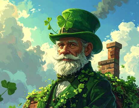 Elderly Bearded Man in Green Suit Standing Outdoors Under Bright Cloudy Sky