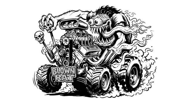 Build for speed. Monster hot rod car print design for t shirt, poster, sticker. Blown rat engine. Road speed graphic print.