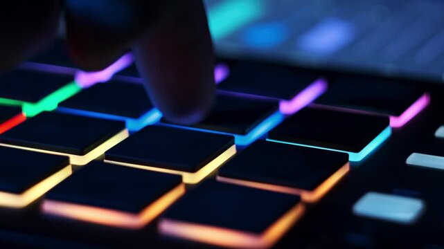 A close-up captures a finger tapping illuminated pads on a MIDI controller during a music session. Concept of electronic music production, beat making creativity, and modern audio technology
