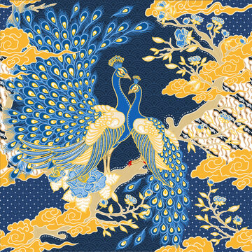 Batik Concept with Peacocks and Floral Ornaments
