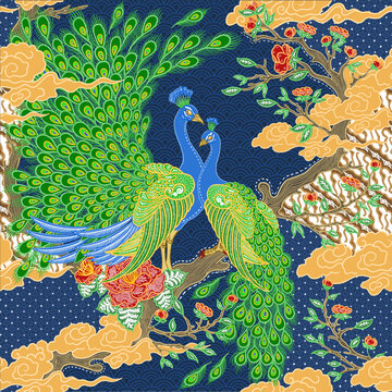 Batik Concept with Peacocks and Floral Ornaments