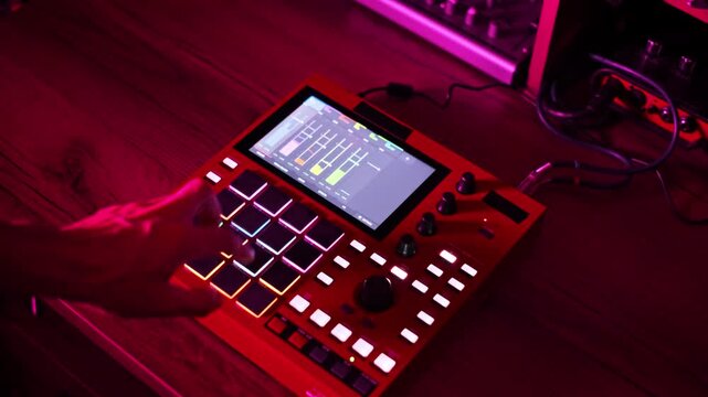 A beatmaker's hand taps the glowing pads of a red drum machine on a wooden desk, producing an electronic beat. Concept of music production, creative workflow, hip hop, and digital audio.