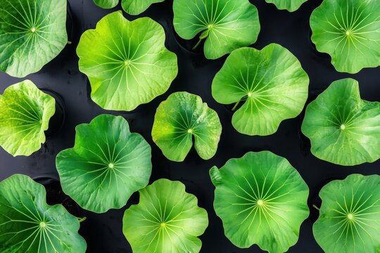 Green leaves arranged on a dark background, creating a fresh natural pattern