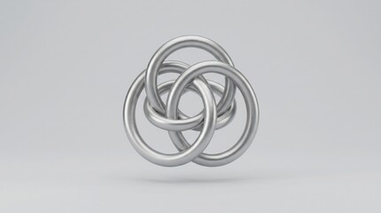 Fototapeta premium A 3D rendering of a silver Borromean ring system with six interconnected loops on a light gray background.