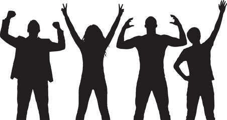 Fototapeta premium Group silhouettes express excitement and victory by raising their hands and arms in various poses, representing a diverse team achieving a common goal within a professional or social environment.