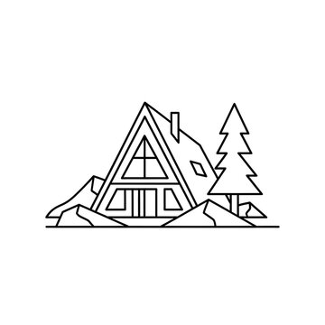 Line art illustration of a simple house with roof and door.