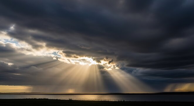 Dramatic sun rays breaking through dark storm clouds over a calm sea