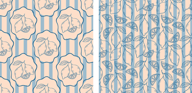 Coastal Mediterranean seamless pattern lemons on blue striped background, vector art