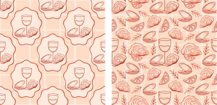 Mediterranean seamless pattern seafood and wine on checkered background, vector art