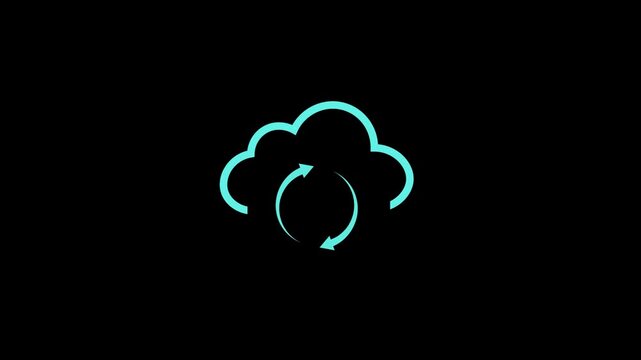 Animated cyan cloud storage icon with rotating arrows indicating data synchronization on a black background.