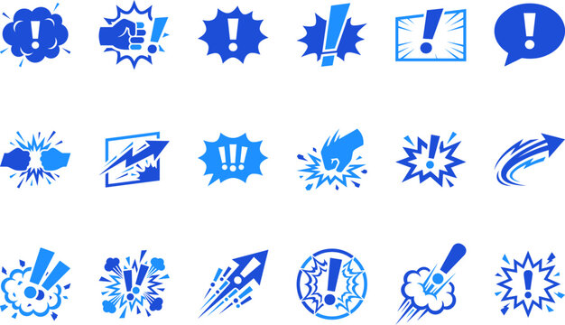 Collection of blue comic book style explosion and action effect icons.