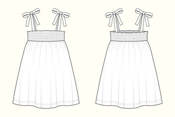 Kid Girls Smocked Bodice Sleeveless Mini Dress with Tie-Up Shoulder Straps Technical Flat Sketch Outline © MdAmirul