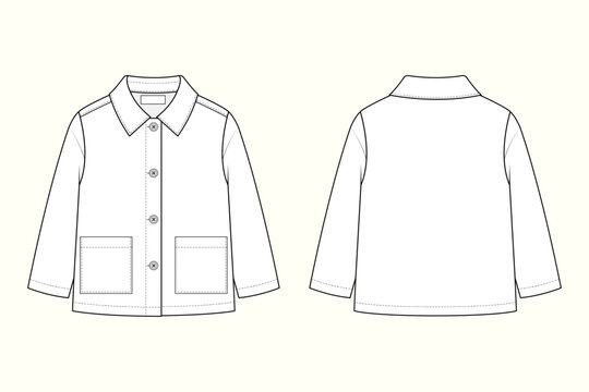 Kids Button-Front Utility Chore Jacket with Patch Pockets Technical Flat Sketch CAD Template