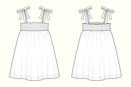 Kid Girls Smocked Bodice Sleeveless Mini Dress with Tie-Up Shoulder Straps Technical Flat Sketch Outline