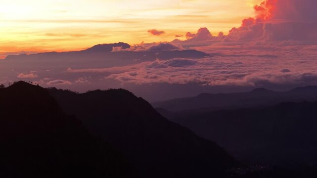 Drone Footage of Volcanic Sunrise Landscape from King kong Hills &ndash; Mount Bromo Java Island Indonesia