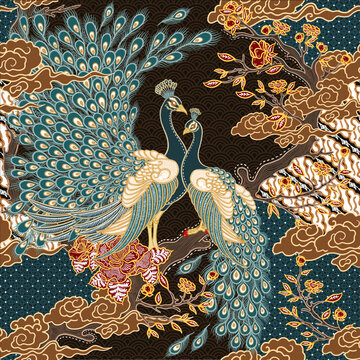 Batik Concept with Peacocks and Floral Ornaments