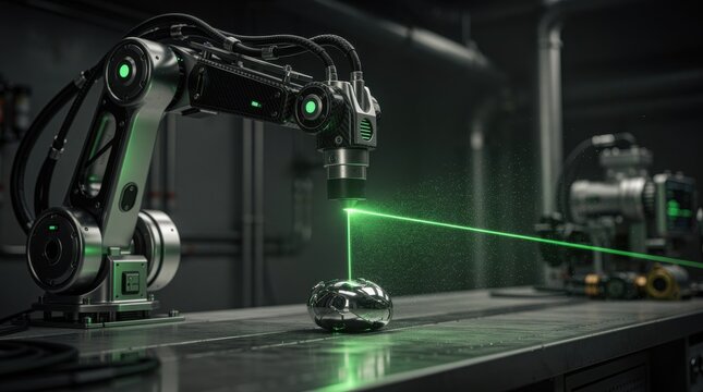 A robotic arm uses a green laser to scan a metallic object on a conveyor belt in an industrial setting.