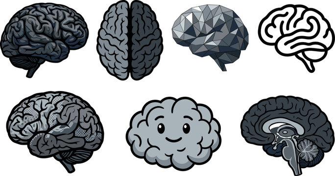 Human brain vector illustration collection set with cross section low poly and cute cartoon character icons.