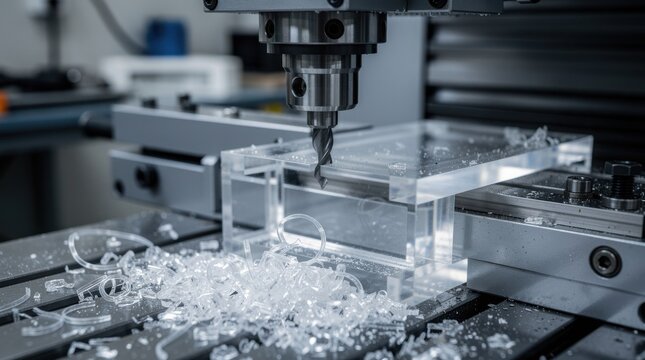 A CNC milling machine precisely carves a clear acrylic block, surrounded by plastic shavings, in a modern industrial workshop.